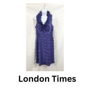 London Times Sheath Dress Size 10 Ruffle Trim Tiered Purple V Neck